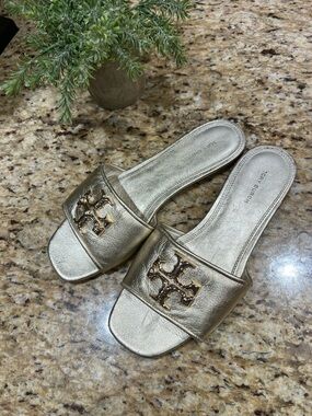 Tory Burch Eleanor Gold Spark Slide Sandals w/ Gold-tone Logo 8M